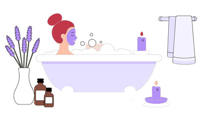 Relaxing Bath Spa Illustration, Woman Taking Bubble Bath with Lavender and Beauty Products Vector Design