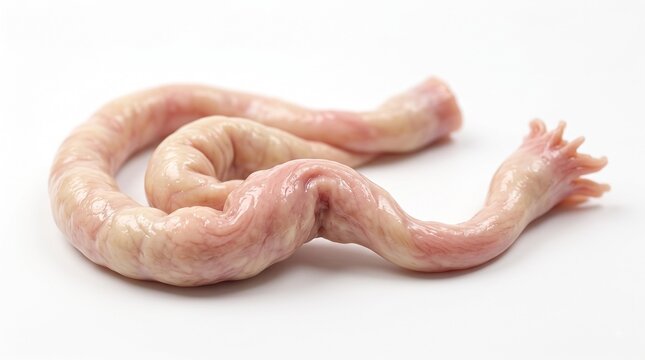 Raw pink oviduct meat coiled on white background for food industry and medical research