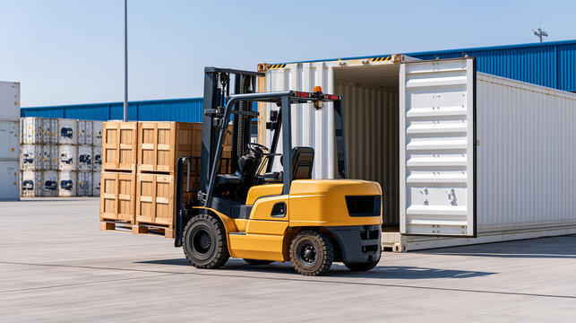 Forklift carrying a pallet of fresh produce toward an open refrigerated container at a warehouse yard, clean coordinated cold-chain operation in bright daylight, forklift, fresh produce,