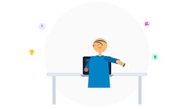 Flat Design Illustration of a Person Working at a Laptop with Floating Creative Icons