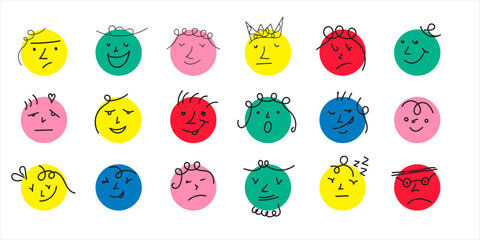 Set of colorful hand drawn doodle faces showing various emotions and expressions on a white background