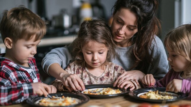 Mother dividing a small portion of food among children at the kitchen table, symbolizing economic hardship, hunger and household food insecurity