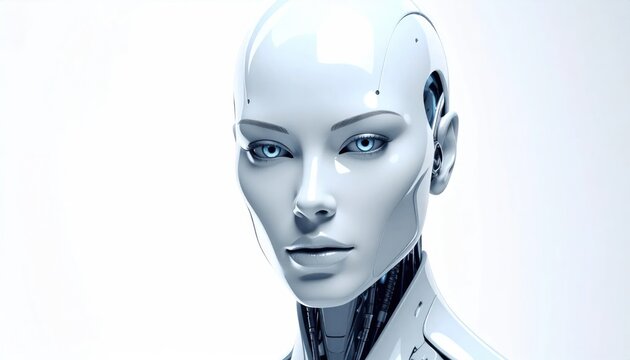 Futuristic female humanoid robot head on white.
