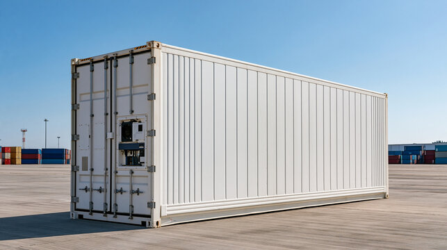 A clean white refrigerated shipping container standing in an open maritime freight yard beneath a clear blue sky, crisp industrial details and visible cooling unit, bright daylight,