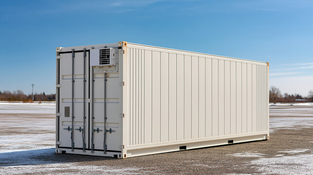A clean white refrigerated shipping container standing in an open maritime freight yard beneath a clear blue sky, crisp industrial details and visible cooling unit, bright daylight,
