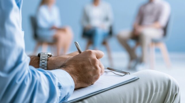 Therapist or counselor taking notes during a group therapy session
