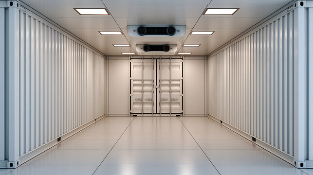Bright interior of a portable blast-freezer shipping container with insulated walls, industrial cooling vents and clean open floor, ready for temperature-controlled storage, reefer