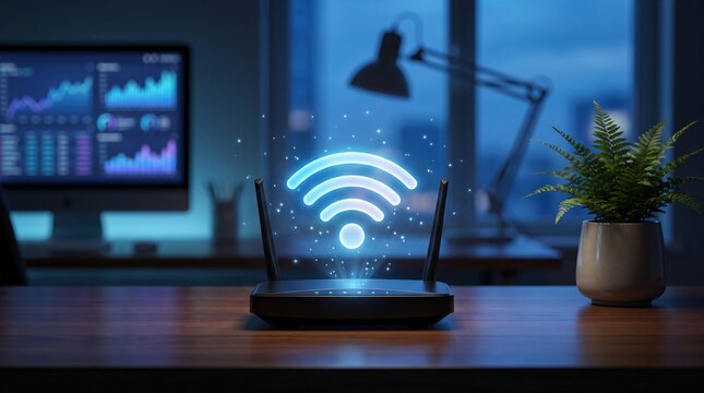Modern Wi-Fi router glowing with wireless internet signal radiating from device on desk, tech concept.