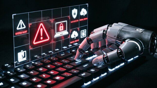 Robotic hand using keyboard for cyber security and hacking detection with red warning alerts on screen.