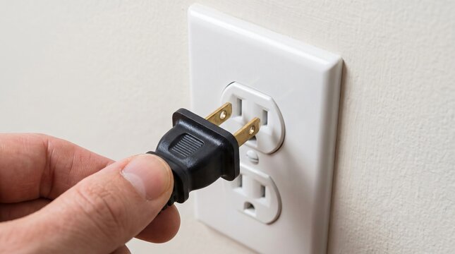 Man inserting power plug into electrical outlet on a white wall close up view.
