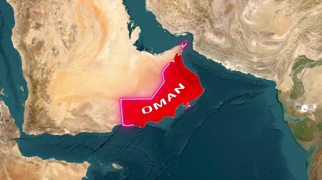 Oman is a country highlighted on map with flag-waving animation footage