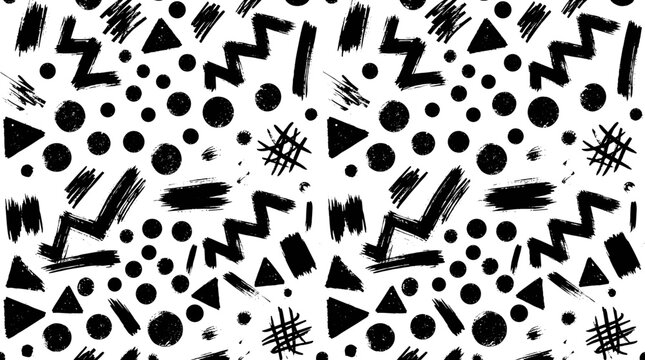 Abstract memphis style seamless pattern with hand drawn brush strokes