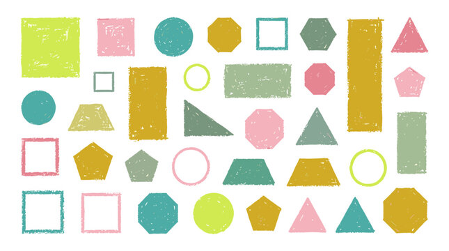 Set of various geometric shapes with crayon texture