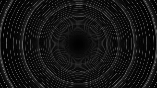 Concentric white contour lines form a hypnotic black tunnel with organic distortion and perspective. Ideal for abstract , optical backgrounds, music visuals, transitions, and modern title intros.