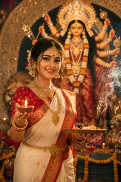 Indian woman in traditional saree holding a diya during Durga Puja worship at a decorated shrine