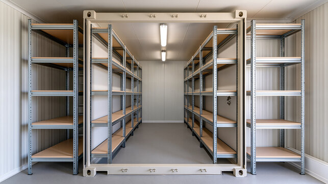 Clean refrigeration chamber built inside a shipping container with insulated walls and metal shelving along both sides, bright overhead illumination and empty storage space, reefer