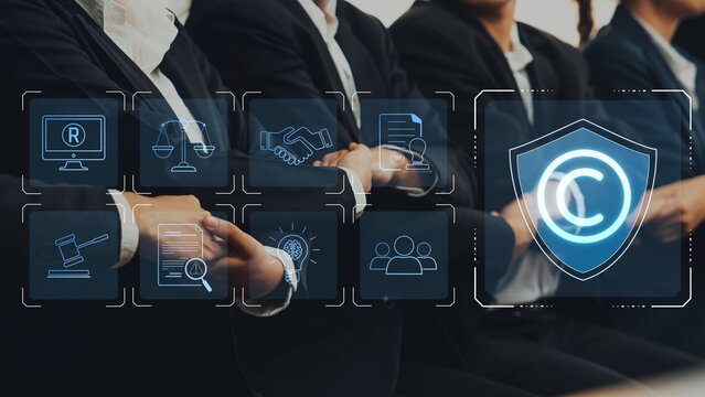 A modern business meeting scene showcasing the themes of corporate law and copyright protection, emphasizing teamwork, professionalism, and innovative solutions. Raster