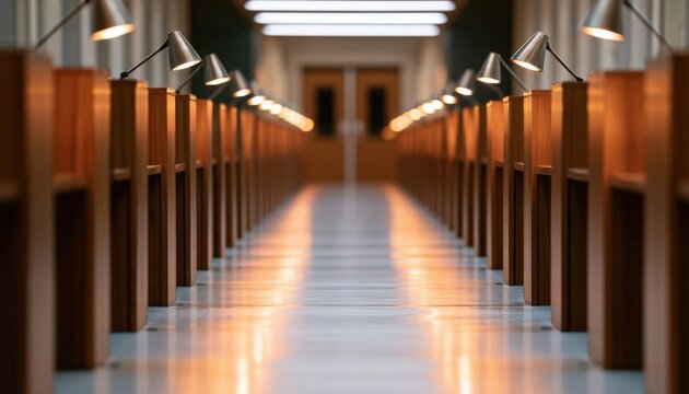 A long view down a corridor lined with wooden study carrels and desk lamps in a library setting