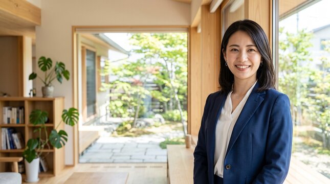 プロフィール写真をイメージした、和モダンな家屋の室内を背景に立ち、穏やかな笑顔をカメラに向けている知的な印象の20代日本人女性社員のバストアップポートレート