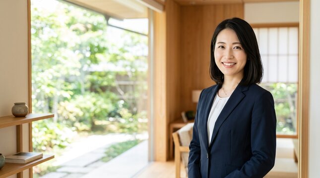 プロフィール写真をイメージした、和モダンな家屋の室内を背景に立ち、穏やかな笑顔をカメラに向けている知的な印象の20代日本人女性社員のバストアップポートレート
