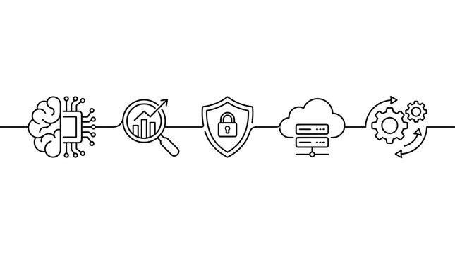 Continuous line art infographic showing digital technology process icons.