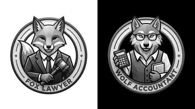 Fox lawyer and wolf accountant mascot logos.