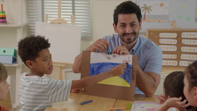 Teacher helping boy and child create colorful artwork classroom, encouraging creativity, learning, art activity, education, family interaction, focused expression, and joyful group participation with
