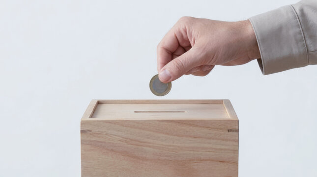 Charity donation hand placing coin in wooden box esg concept savings support
