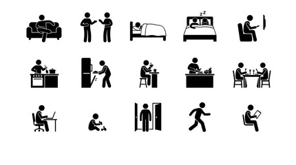 Fototapeta premium Set of stick figure icons representing daily home activities