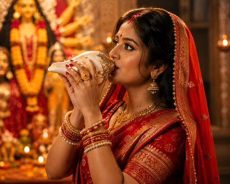 Woman blowing conch shell during Durga Puja celebration in traditional saree, religious festival artwork