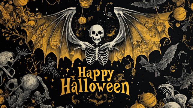 Happy Halloween skeleton with bat wings illustration. Alchemy style gothic background with pumpkins and skulls. Spooky occult holiday banner