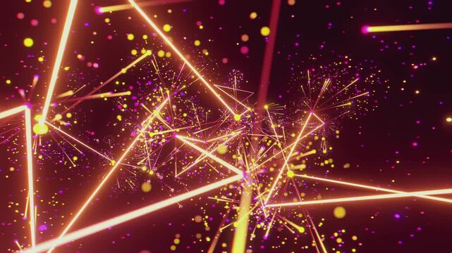 Seamless VJ loop of magical growing flora branches with glowing particle bokeh. Dynamic illuminated stage backdrop for electronic music festivals, dancefloors, club events, rave parties, and live show