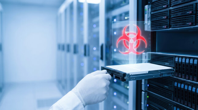 Server room cyber attack with ai hacking alert and gloved hand handling data storage in cool blue light