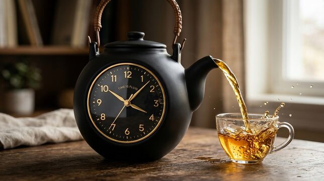 Teapot clock pouring tea