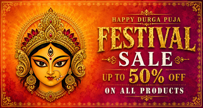Durga Puja festival sale banner featuring goddess artwork and up to 50 percent discount promotion