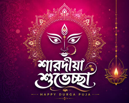 Sharadiya Shubhechha Durga Puja greeting design with goddess face and glowing diya for festive wishes