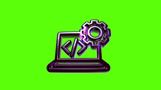 Black glossy laptop icon with coding brackets and gear symbol for software development and programming
