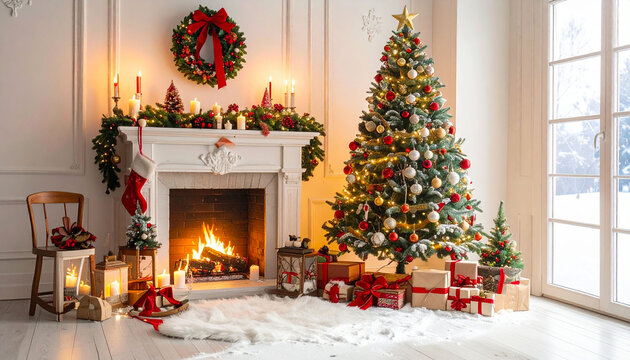 a panoramic cozy Christmas scene with a decorated Christmas tree, fireplace, lights, gifts and a pine wreath.