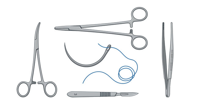 Set of surgical instruments in flat design vector style featuring a scalpel, needle holder with curved needle and blue suture thread, hemostatic forceps, and tweezers on white background.