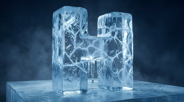 Frozen ice sculpture of letter H with icy texture and misty background