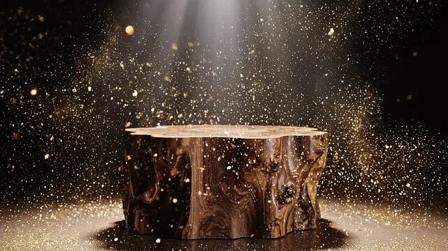 Wooden tree stump with magical golden dust particles sparkling in dark background illuminated by light
