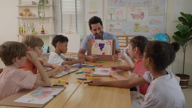 Teacher Guiding Diverse Children Through Creative Classroom Artwork Drawing Activity, Student Collaboration and Colorful Art Project Supporting Joyful Learning, Education and Creativity Development