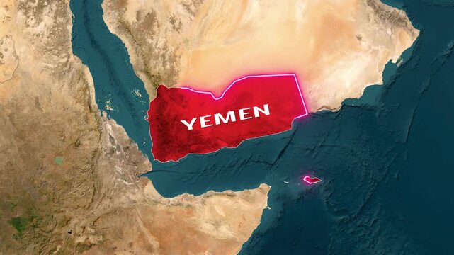 An animated map highlights Yemen in red with glowing outline and flag