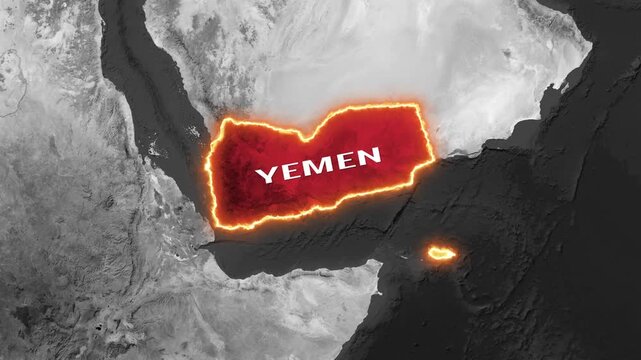Yemen map glowing with intense heat and light motion video footage