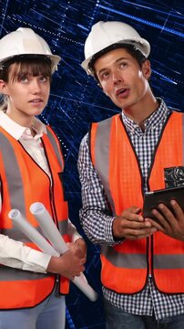 Animation of diverse female and male engineers over light trails on black background