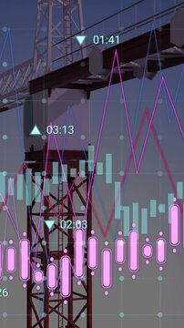 Animation of crane at construction site, financial data processing and statistics