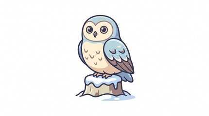 Obraz premium Cute snowy owl perched on a winter tree stump in a flat minimalist style