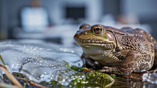 Bullfrog on Moss Near Melting Ice Website Banner Hero Header Wide Background Nature Conservation Survival Concept