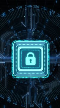Animation of digital data processing and security padlock over black background