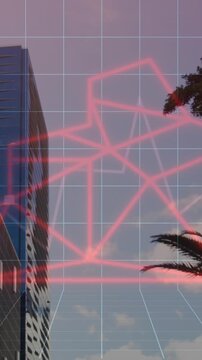 Animation of graphs and bear head over cityscape